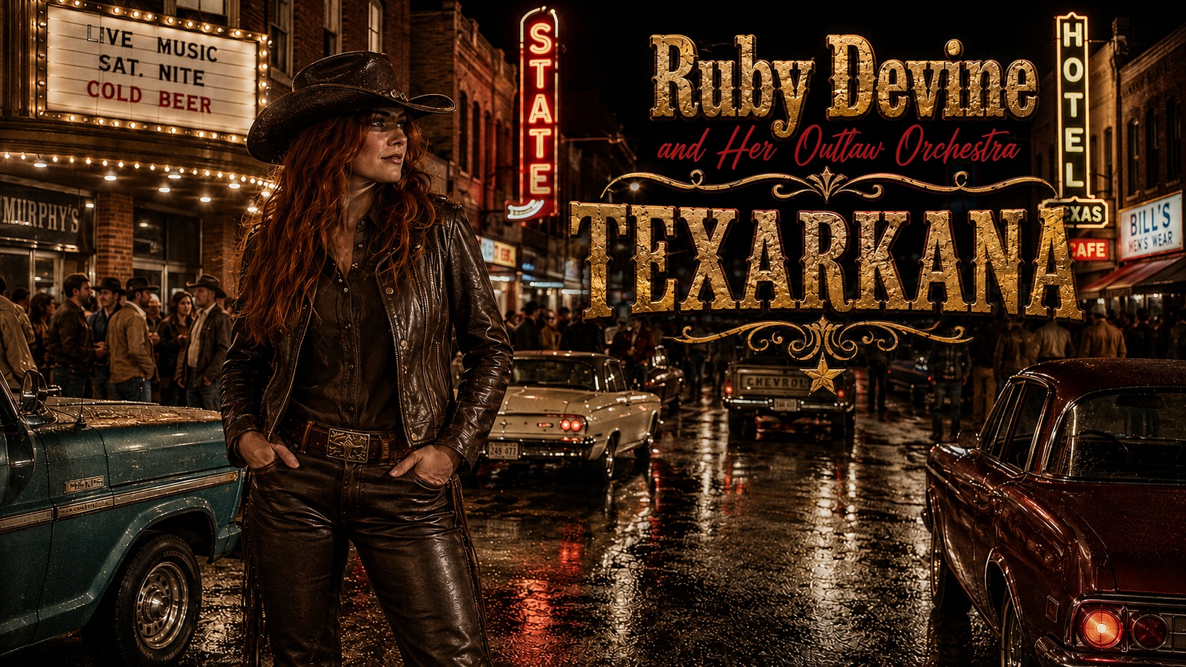 Ruby Devine and Her Outlaw Orchestra in downtown Texarkana at night.