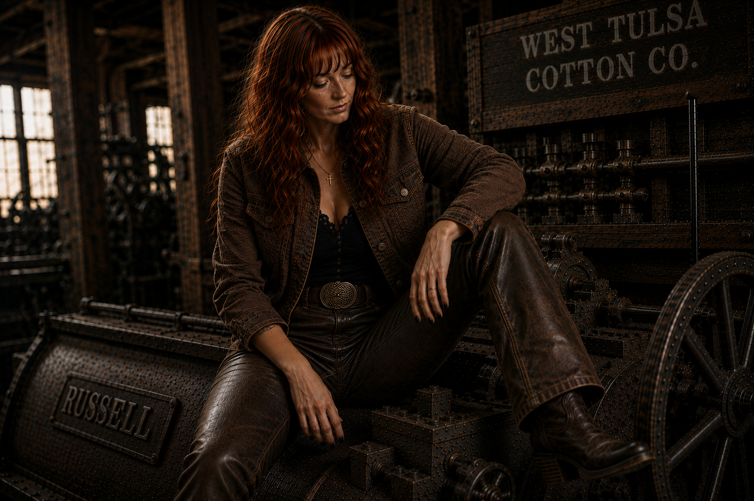 Ruby Devine seated on old machinery inside the West Tulsa Cotton Co. gin.