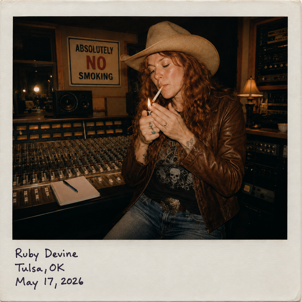 Ruby Devine lighting a cigarette at a recording console in Tulsa, May 2026.
