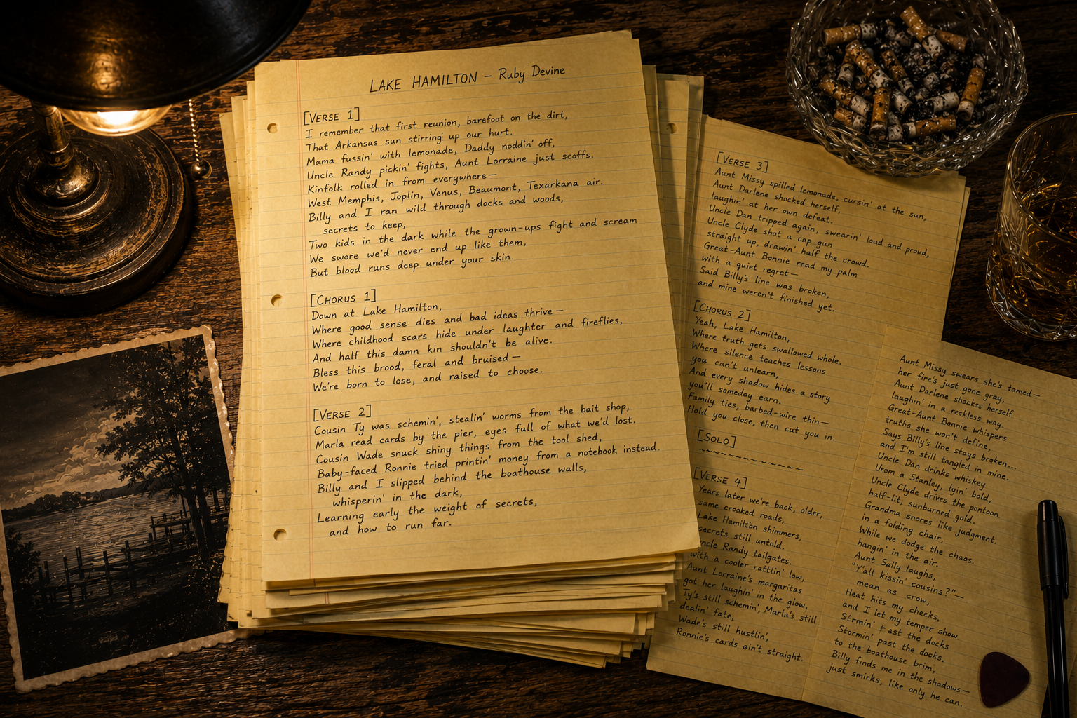 Ruby Devine's handwritten Lake Hamilton lyrics on yellow legal-pad pages, photographed on a rustic table.