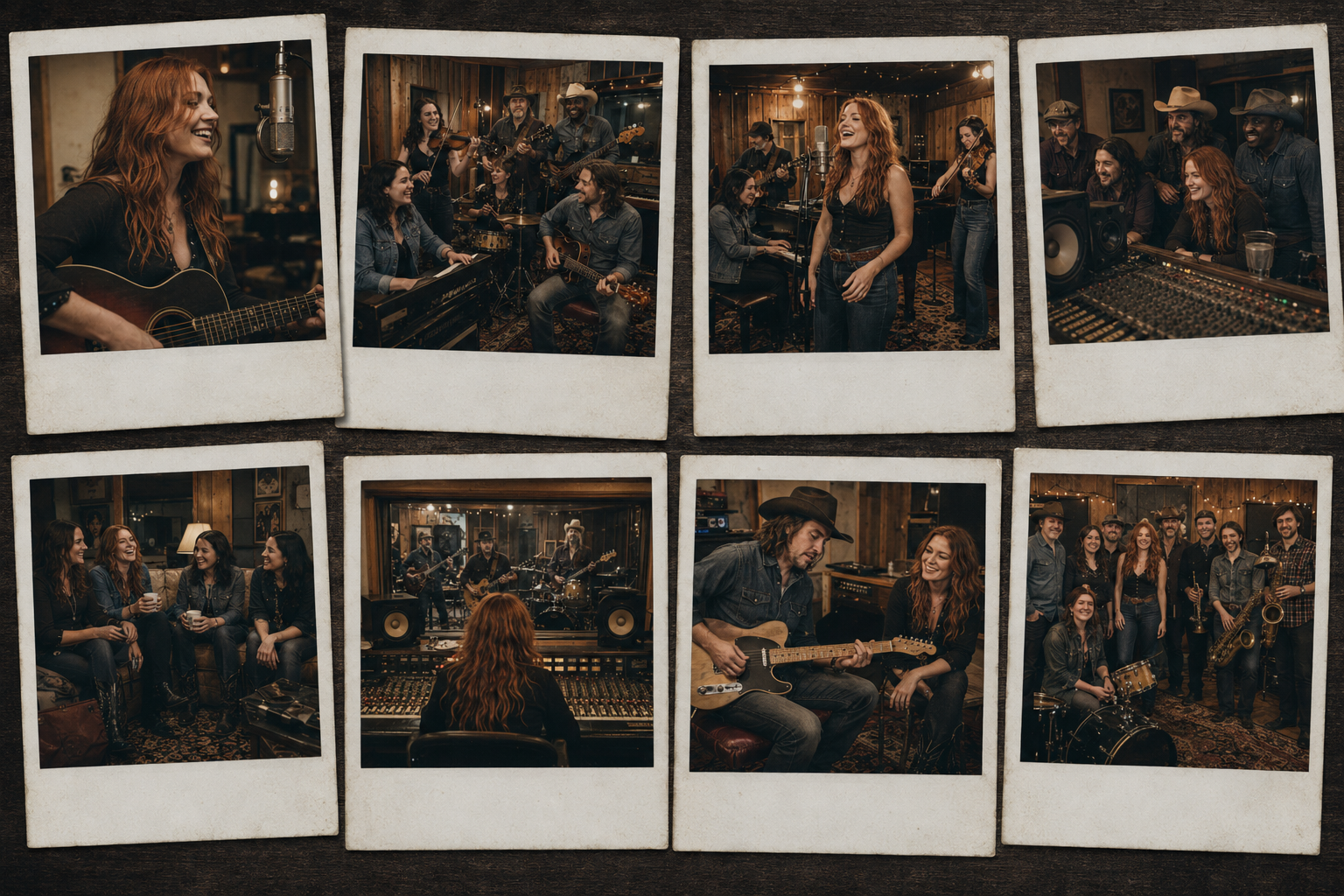 A collage of candid Polaroid-style photographs showing Ruby Devine and the Outlaw Orchestra performing, laughing, listening, and working together inside a warm wood-paneled recording studio.