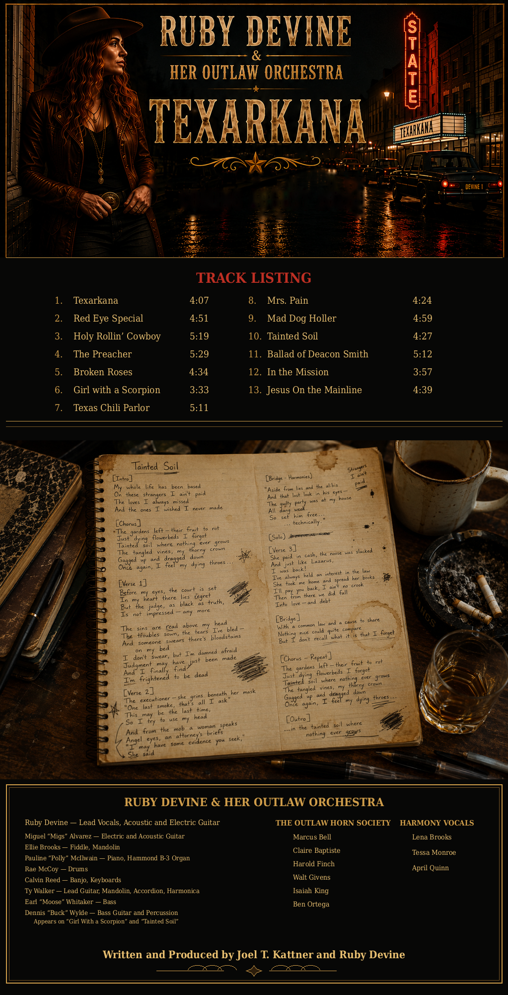 Ruby Devine Texarkana album archive with track list, album notes and handwritten Tainted Soil lyrics.